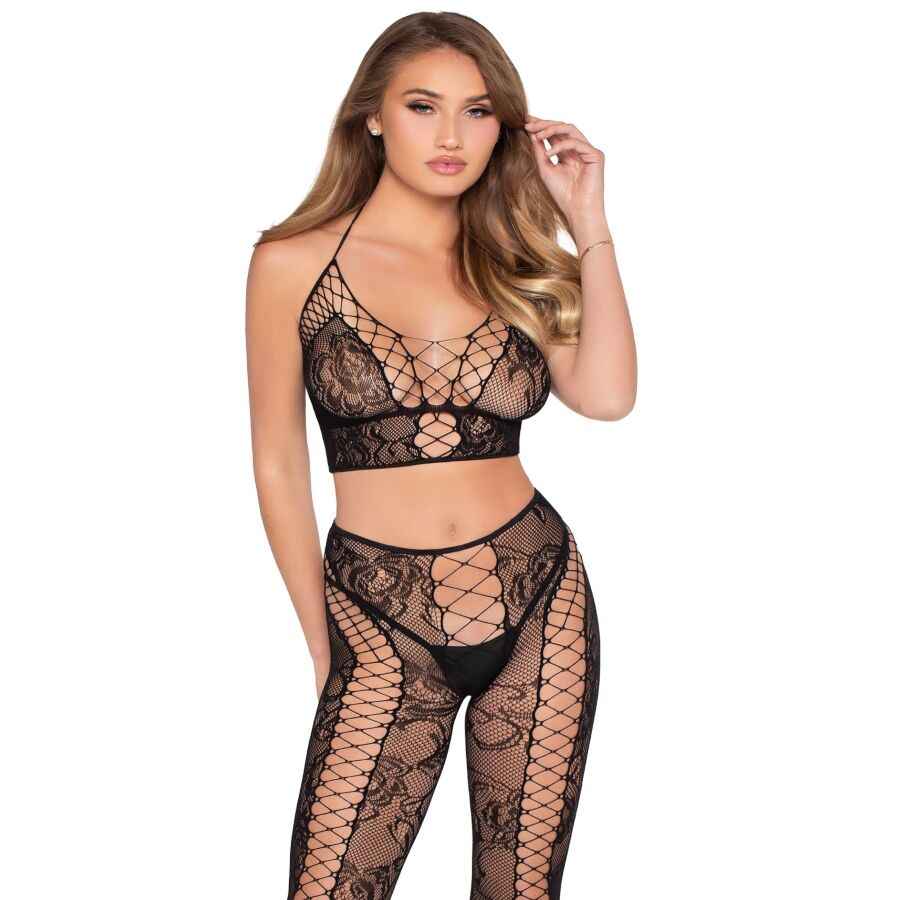 LEG AVENUE - 89368 NETZ- UND SPITZEN-CROP-TOP UND STRUMPFHOSE, SCHWARZ - EINHEITSGRÖSSE