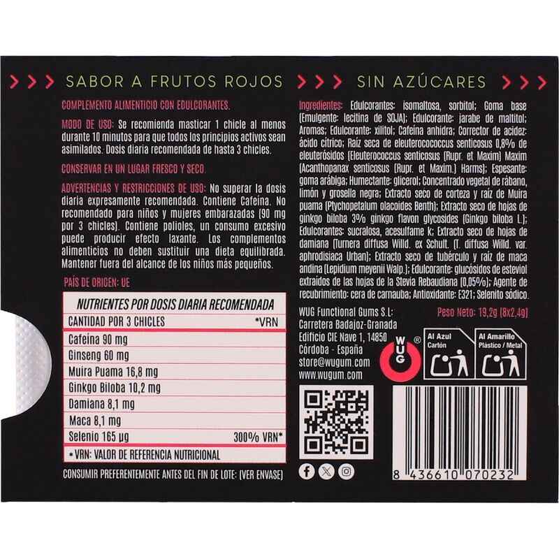 WUG Climax – Funktioneller Kaugummi mit Maca, Damiana und Ginseng zur Steigerung von Lust und sexueller Vitalität. Blisterverpackung mit 8 Stück.