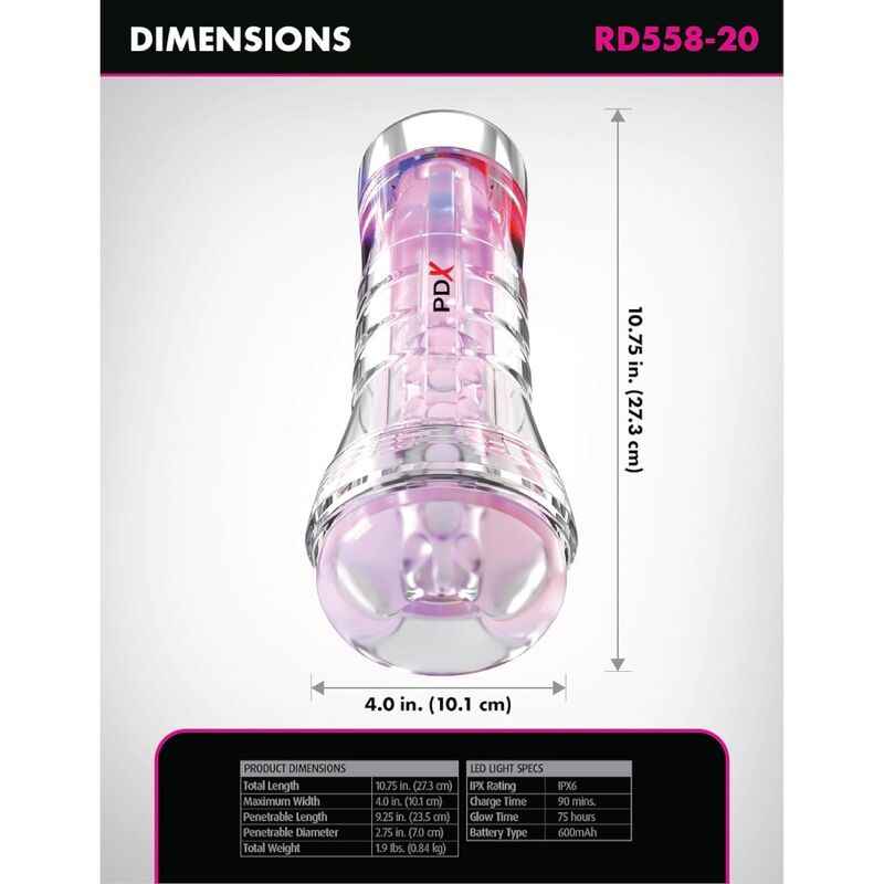 PDX ELITE - VIEWTUBE XXL LED TRANSPARENT STROKER 27,3 CM