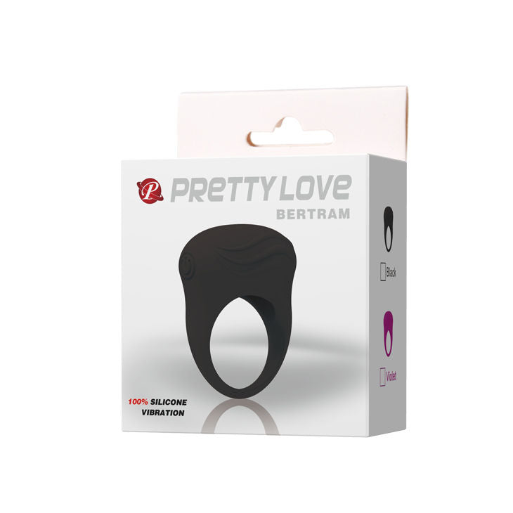 Schwarzer Vibratorring von PRETTY LOVE MALE, flexibles Silikon, für intensiven Liebesgenuss, Nahaufnahme auf Produktbild