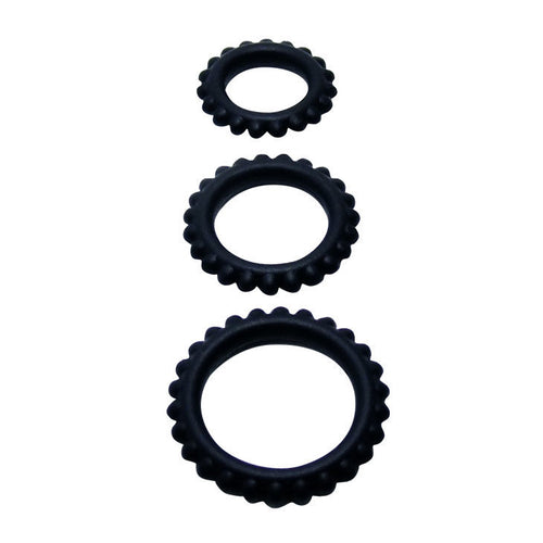 Drei schwarze Cockringe von BAILE Titan Set in 2,8, 2,4 und 1,9 cm Durchmesser, aus Silikon, für erotische Anwendungen.