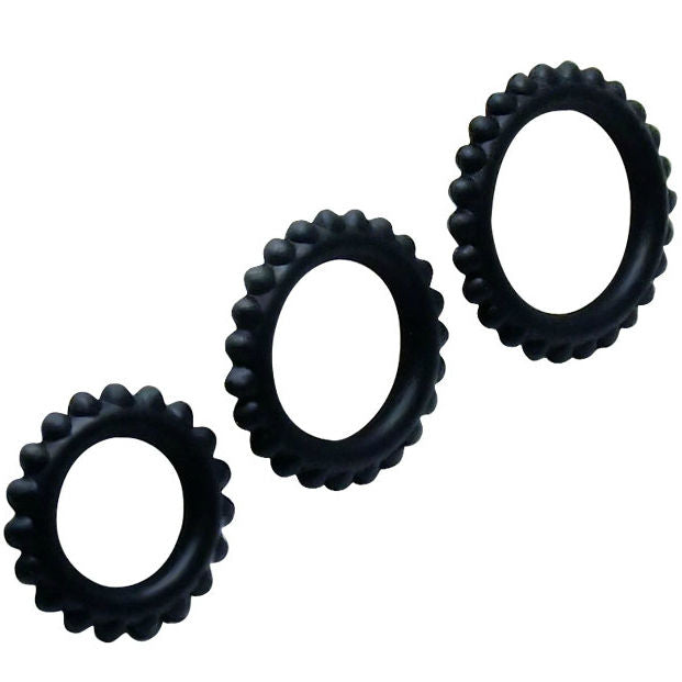 Drei schwarze Cockringe von BAILE Titan Set, 2,8 cm, 2,4 cm und 1,9 cm Durchmesser, aus Silikon für intensiven Genuss
