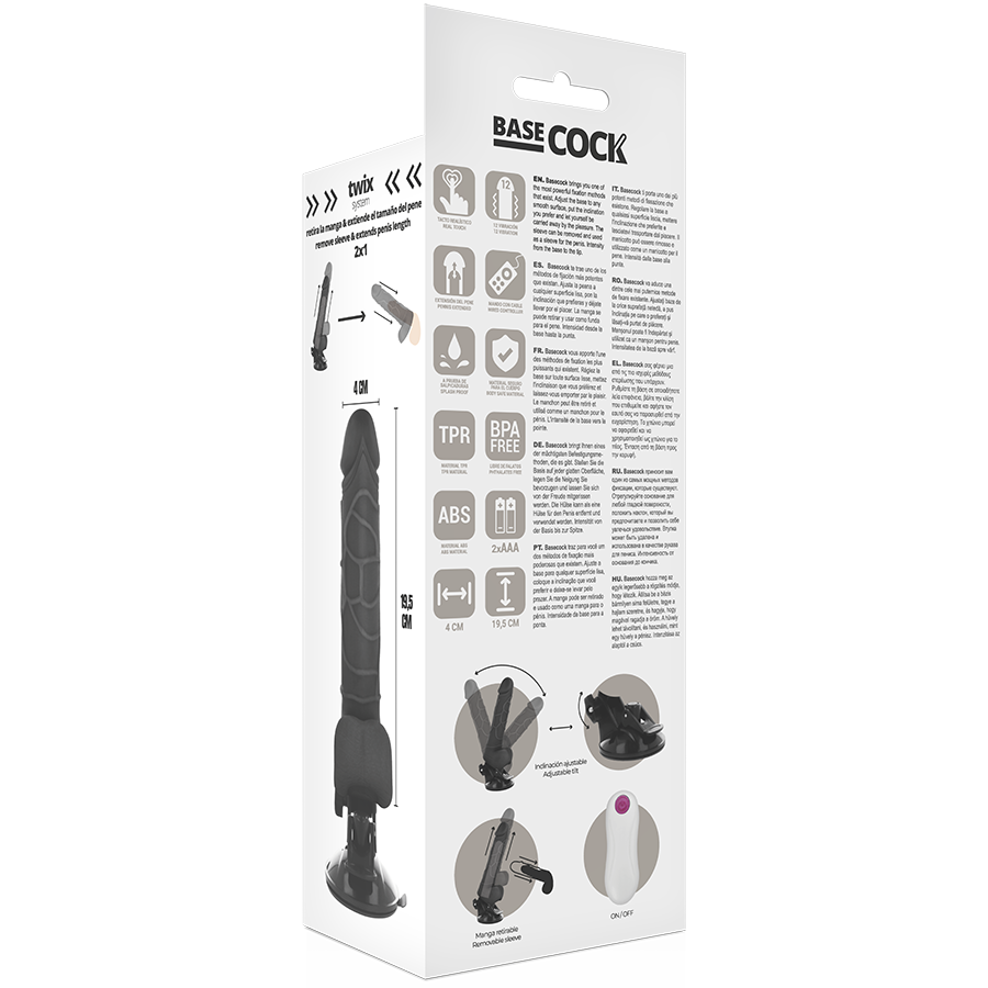 BASECOCK - REALISTIC VIBRATOR WITH REMOTE CONTROL BLACK WITH TESTICLES 19.5 CM -O- 4 CM